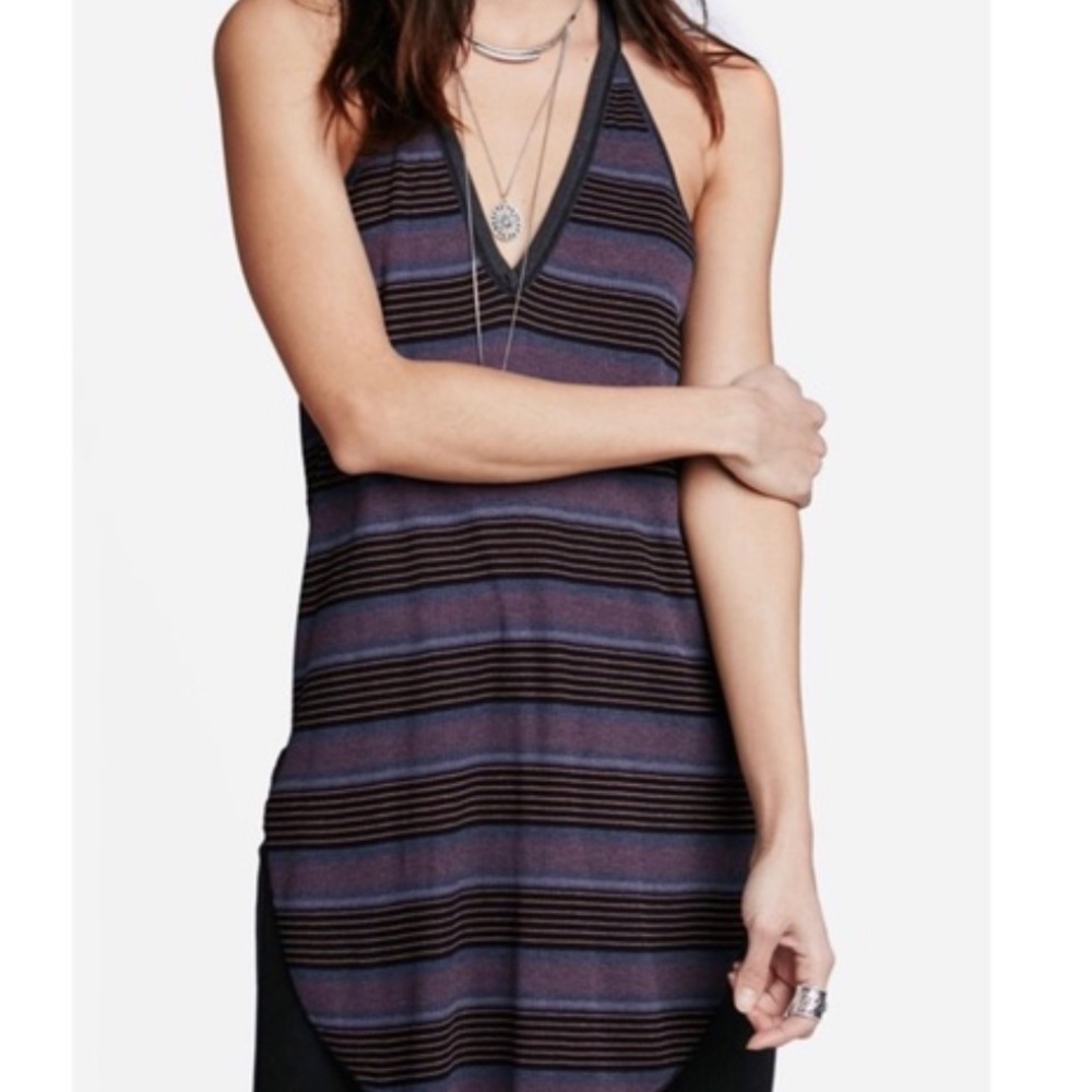 Free People “We the Free ”Stripe Racerback Ribbed Tunic Tank Top–Purple Blk, Med